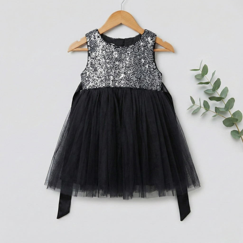 Black dress with silver sequin top on a hanger against a white background