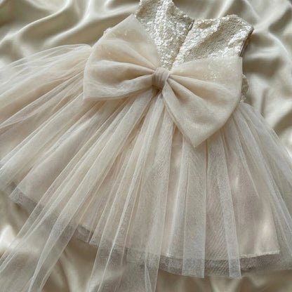 Baby Girls Sequin Net Frock - Party & Wedding Dress (Beige Golden)
