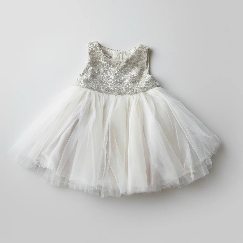 Baby Girls Sequin Net Frock - Party & Wedding Dress (Beige Golden)