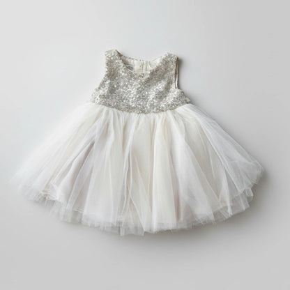 Baby Girls Sequin Net Frock - Party & Wedding Dress (Beige Golden)