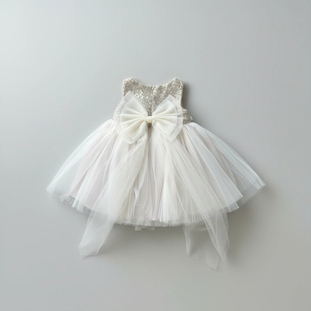 Baby Girls Sequin Net Frock - Party & Wedding Dress (Beige Golden)