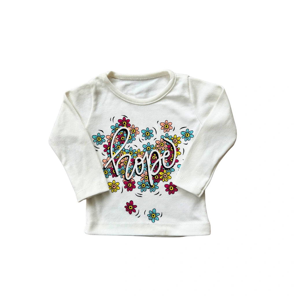 White long-sleeve shirt with 'hope' design on a white background