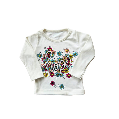 White long-sleeve shirt with 'hope' design on a white background