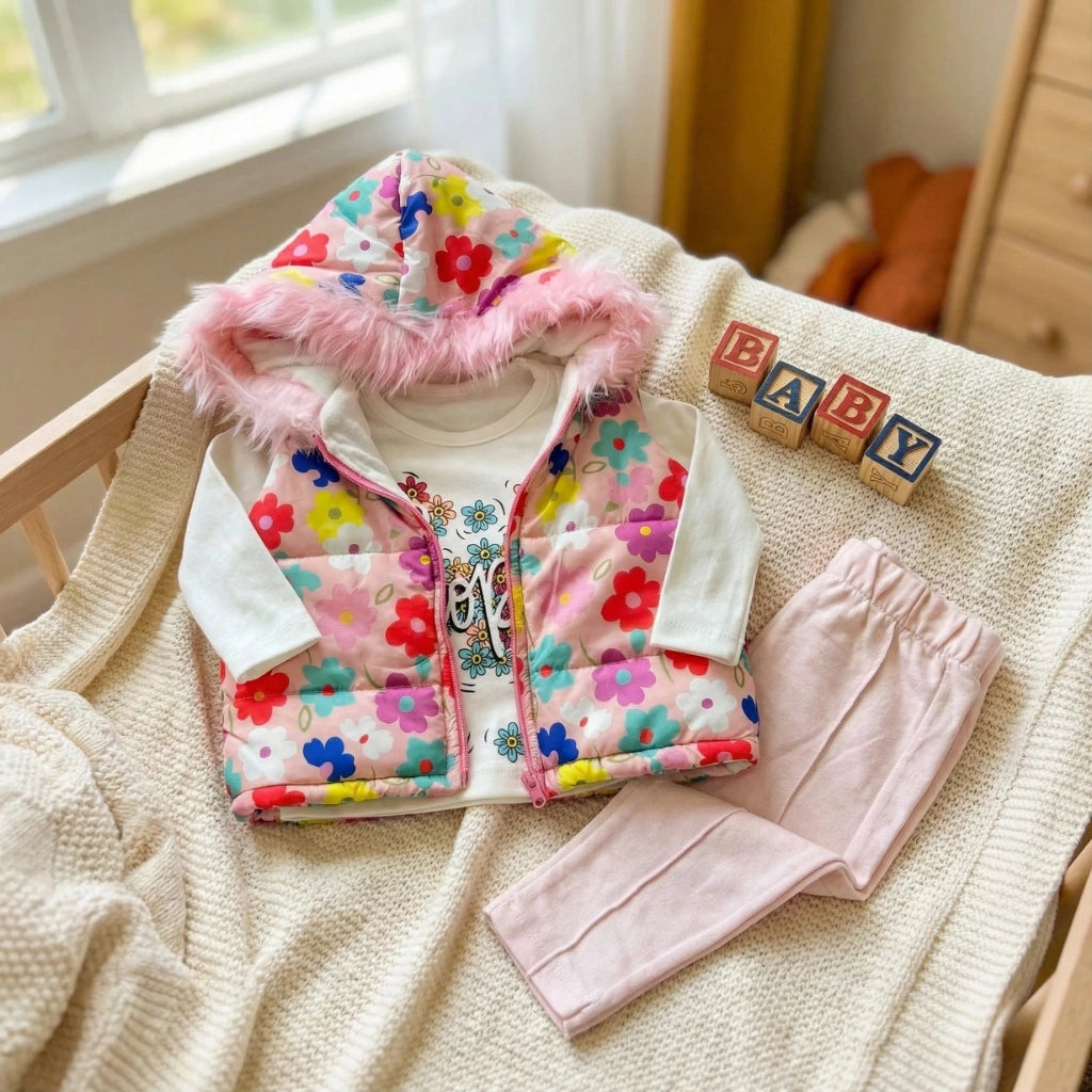 Children's floral jacket and pink pants on a chair with 'BABY' blocks.