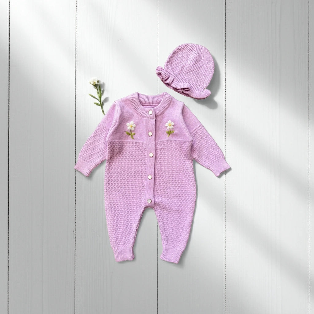 Pink knitted baby outfit with floral details on a light wooden background