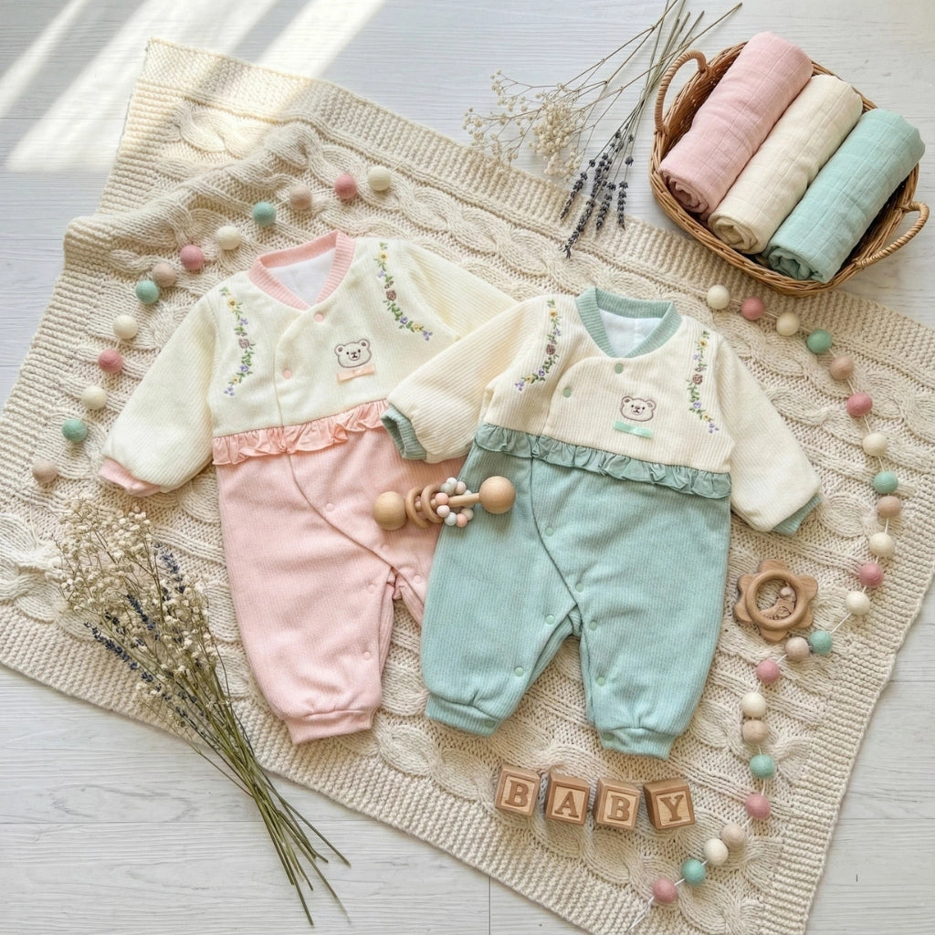 Baby Girl Winter Warm quilted Romper with Bear Embroidery