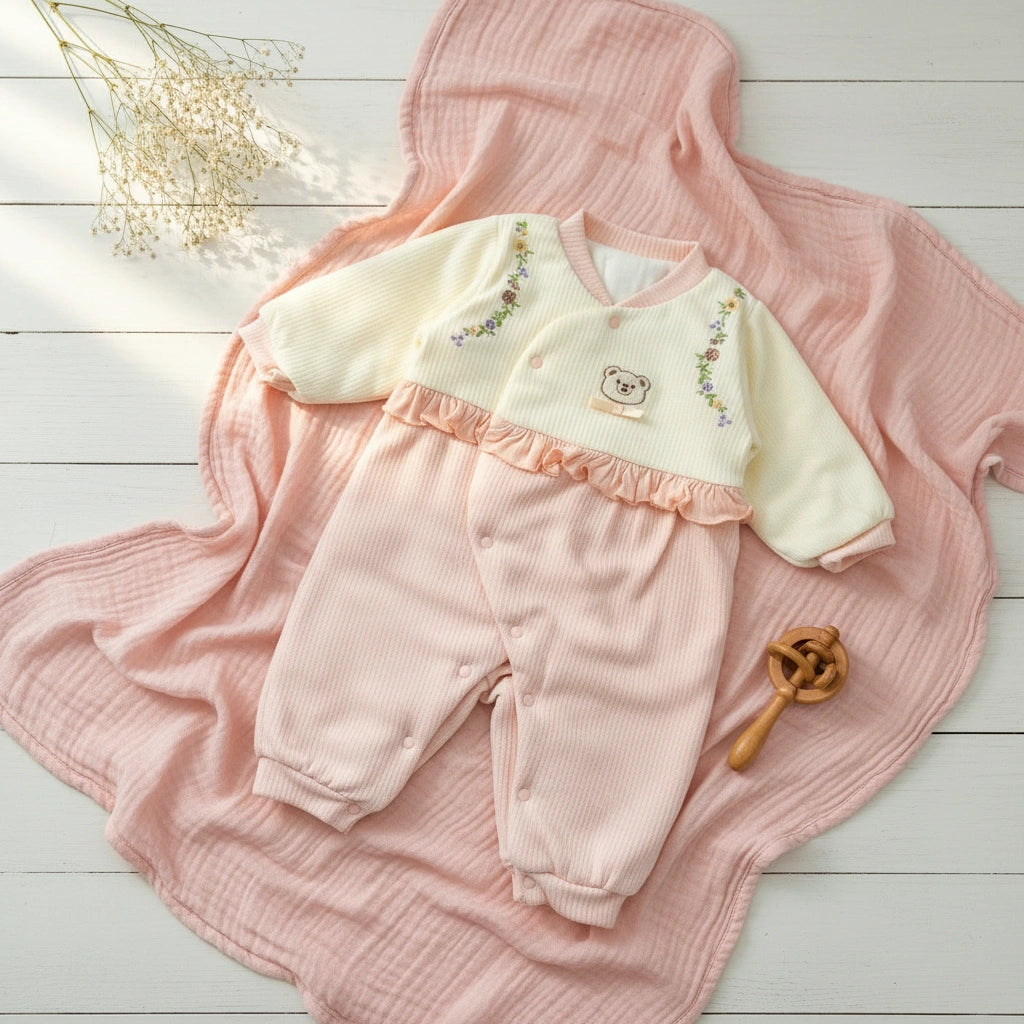 Baby romper with green top and pink bottom on a white background