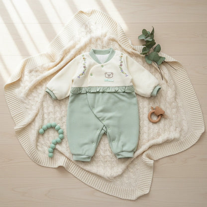 Baby outfit with light-colored top and green pants on a white background