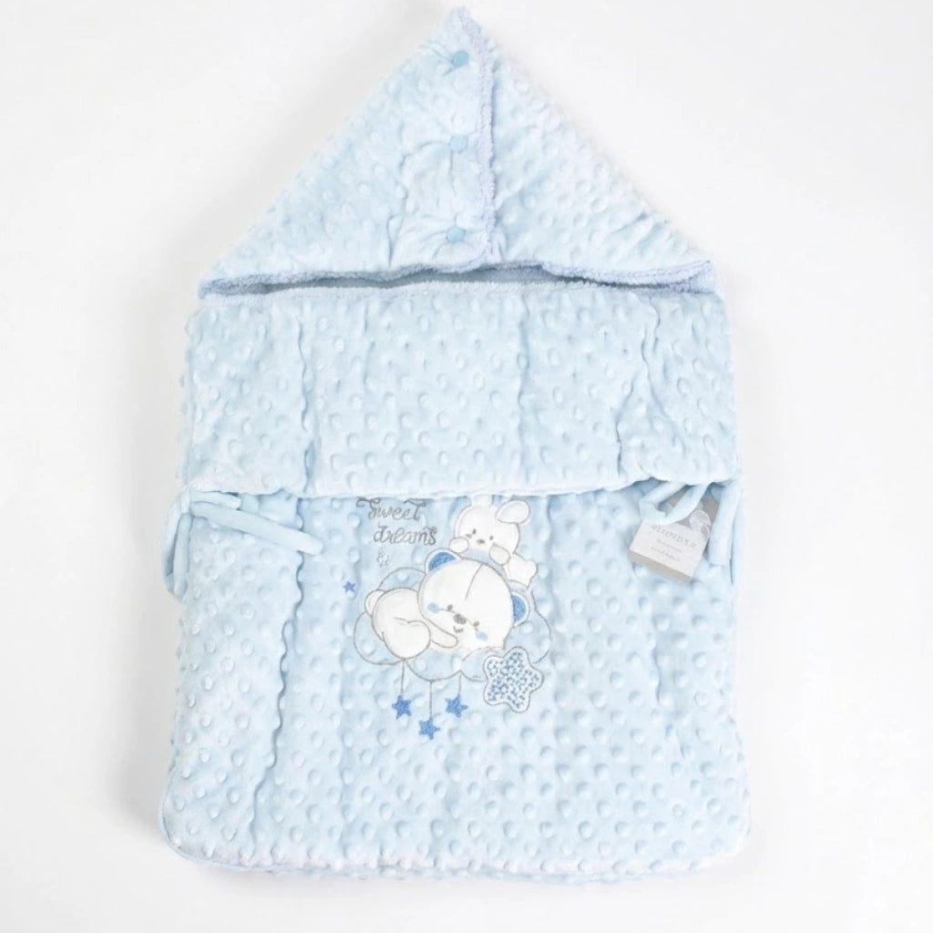 Blue baby hooded towel with teddy bear design on a white background