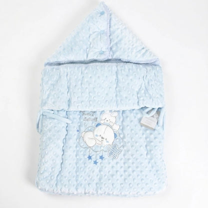 Blue baby hooded towel with teddy bear design on a white background