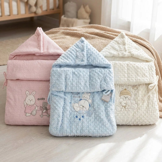 Three baby swaddling blankets in pink, blue, and white with cartoon characters on a light surface.