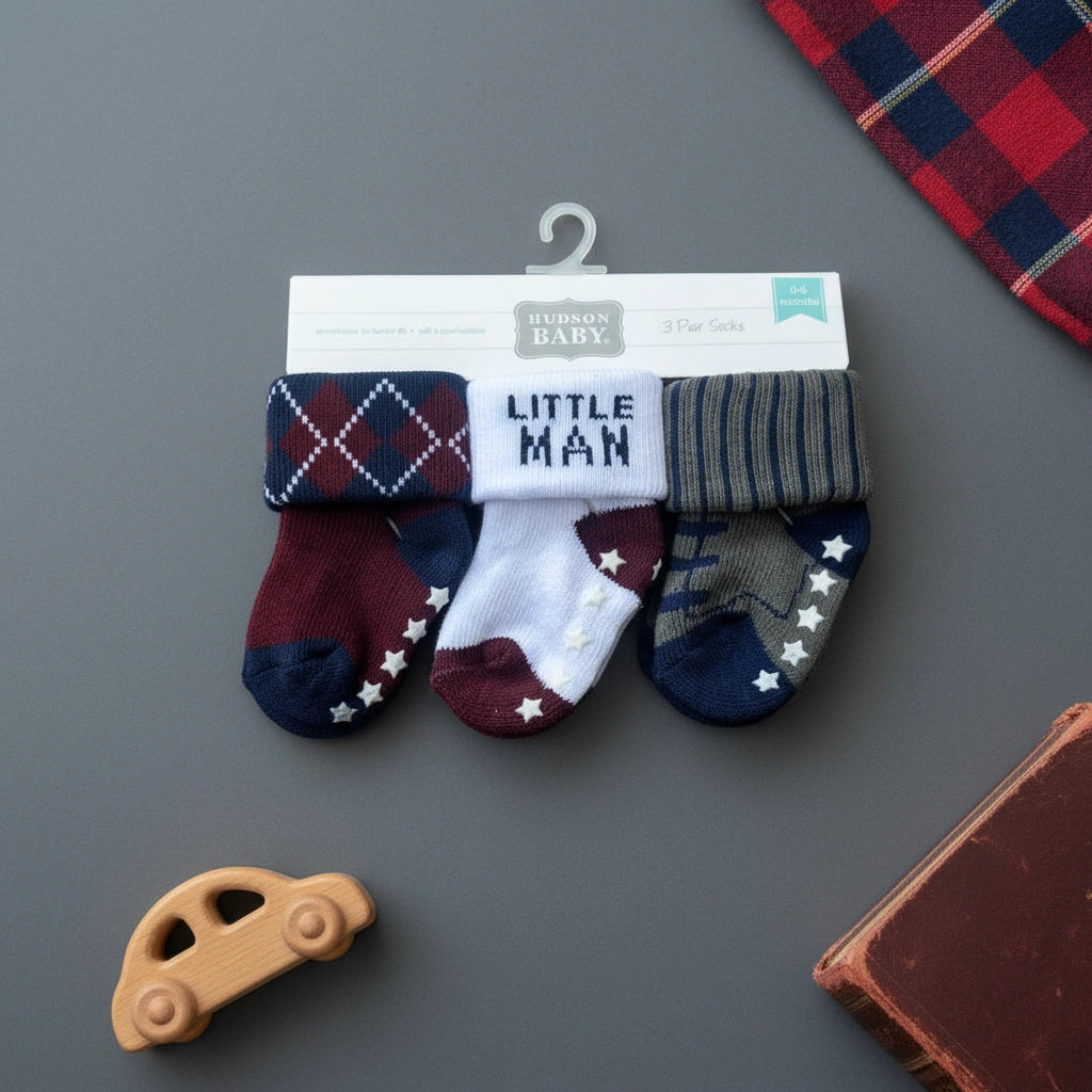 Set of baby socks with 'Little Man' text on a Hudson Baby branded card against a white background
