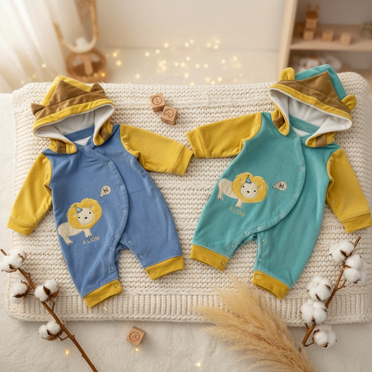 Baby Unisex Winter Fleece Lion Romper 0-9 Months – Hooded Jumpsuit with 3D Ears