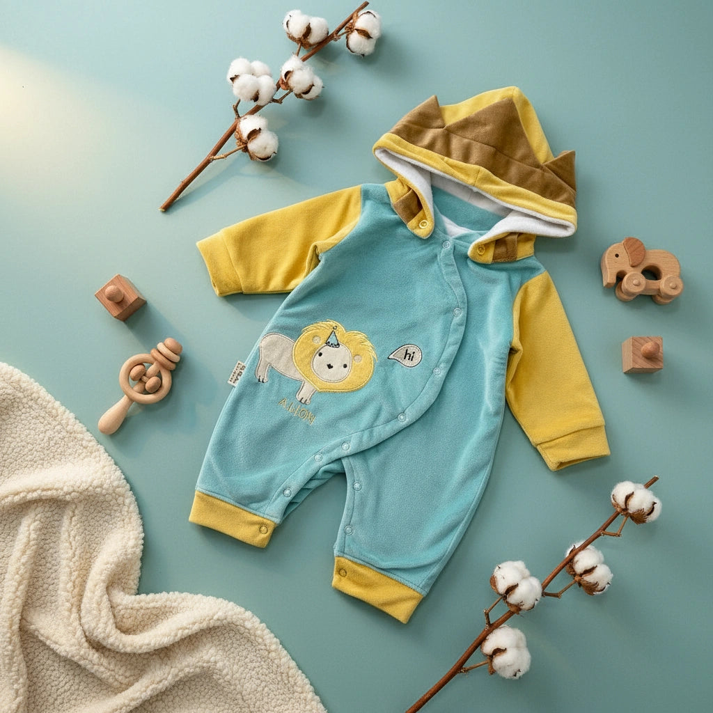 Children's blue and yellow onesie with a lion design on a white background