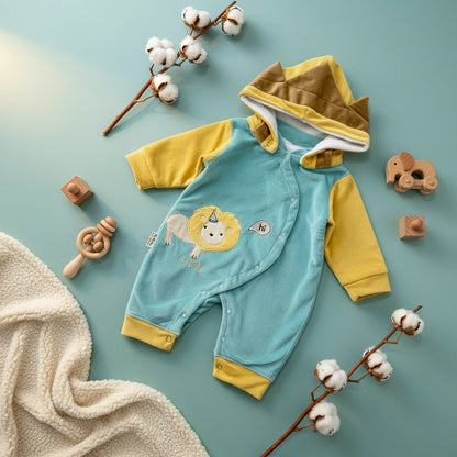 Children's blue and yellow onesie with a lion design on a white background