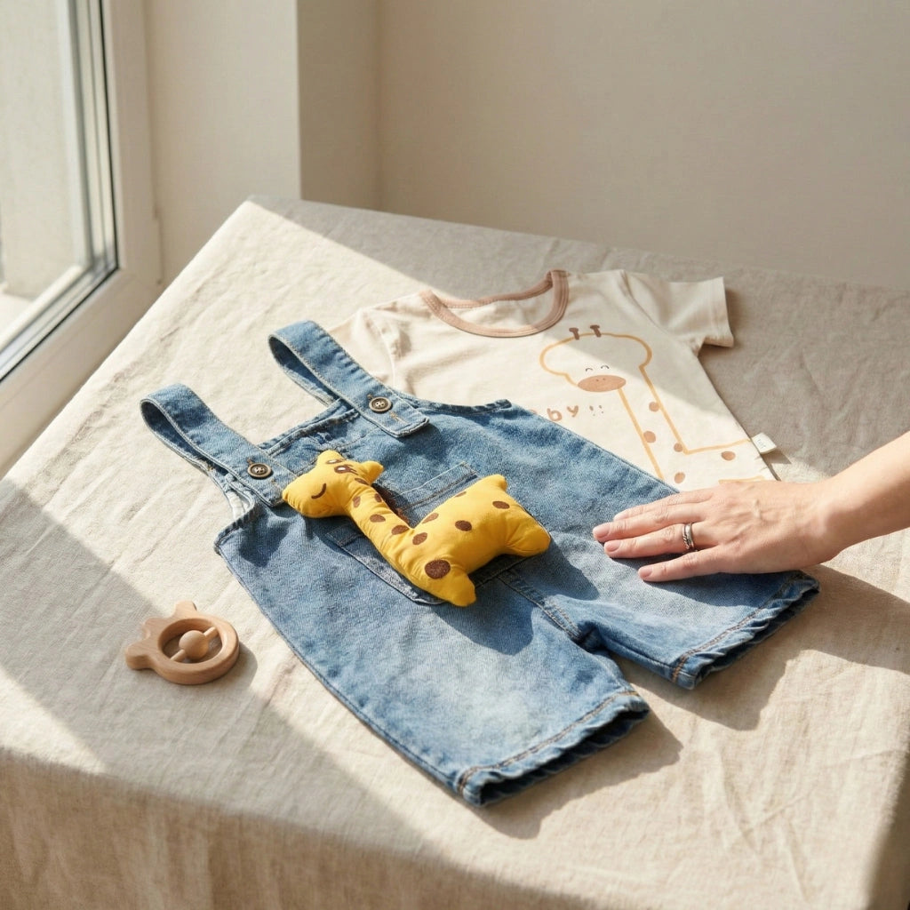 Children's denim overalls with a plush giraffe toy on a light surface, with a hand reaching towards the overalls.
