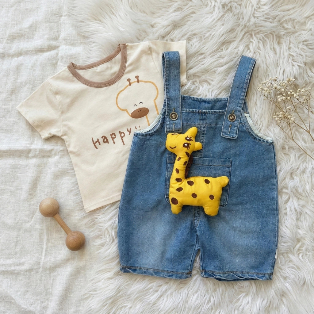 Children's outfit with denim overalls and t-shirt on a fluffy white surface