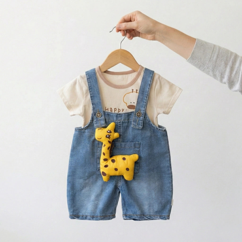 Children's denim overalls with a yellow plush toy on a hanger against a white background