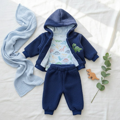 Blue baby outfit with hood and pants, and a light blue onesie with dinosaur patterns on a white background.