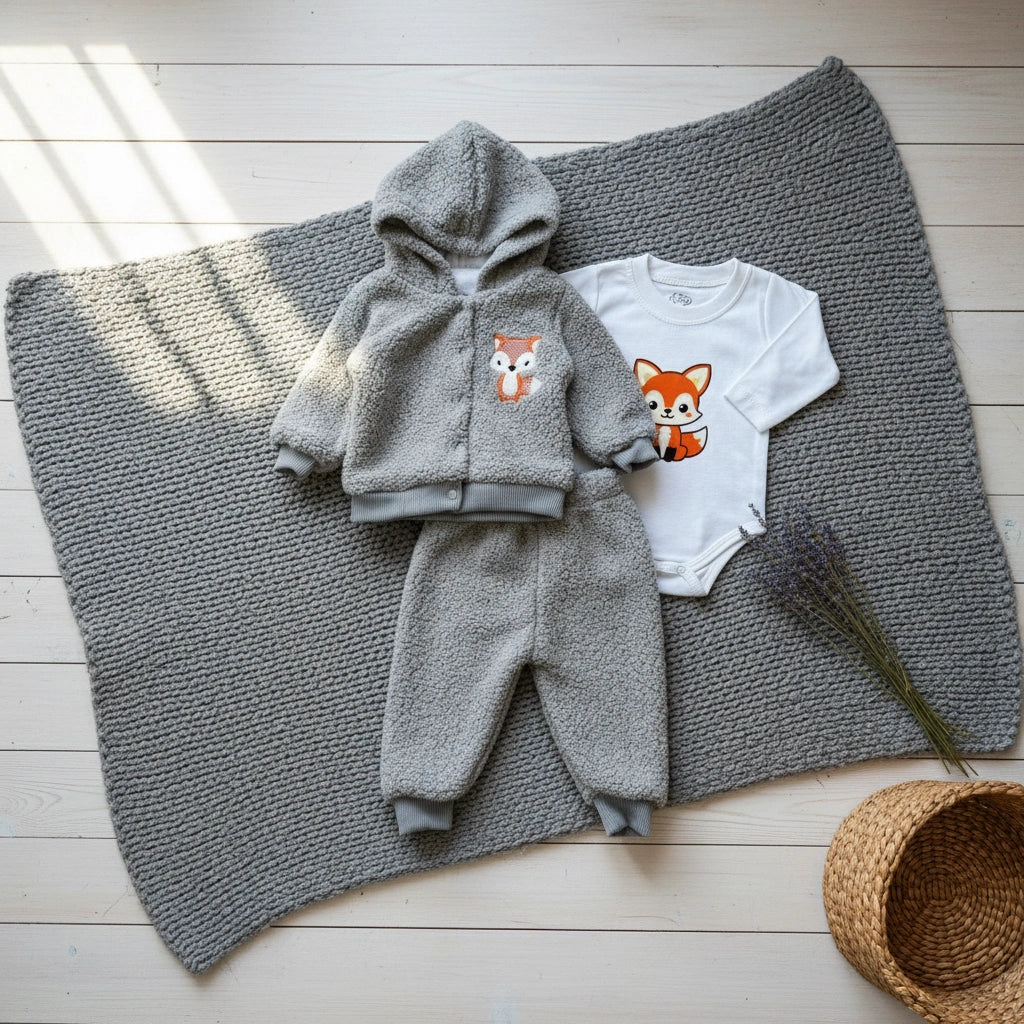 Children's gray fleece set with hood and pants, and a white onesie with fox design on a white background.