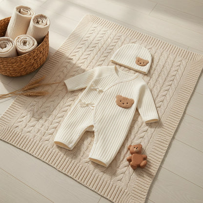 Beige - Baby romper and hat set with bear designs on a white background