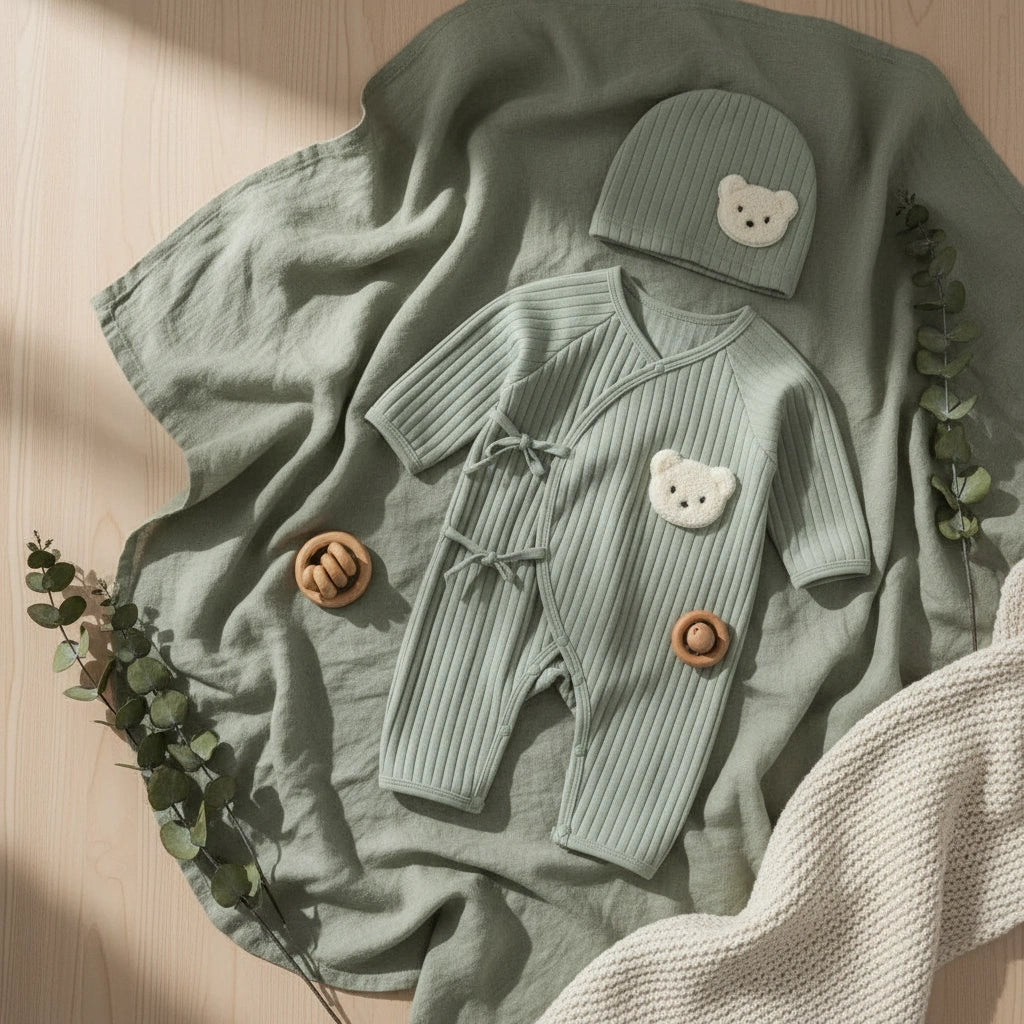 Sage Green -Baby outfit with ribbed romper and hat featuring teddy bear designs on a white background
