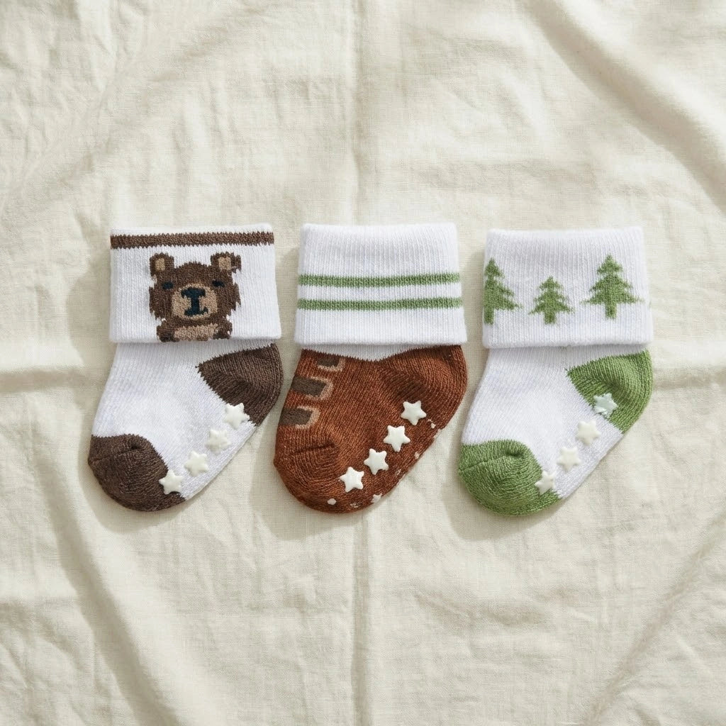 Three baby socks with bear and forest design on a soft fabric background