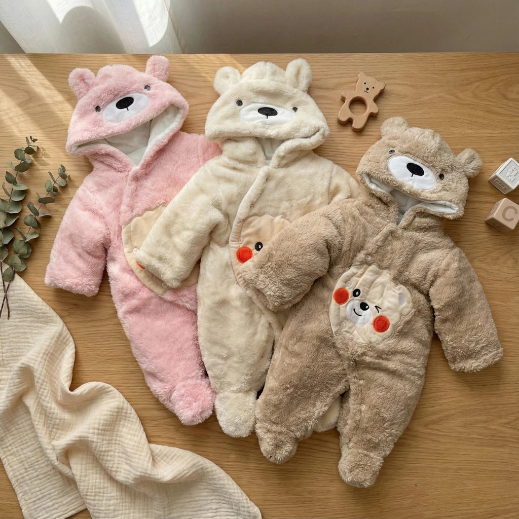 Baby Winter Fluffy Bear Romper with Hood - Warm Footed Jumpsuit