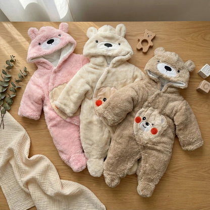 Baby Winter Fluffy Bear Romper with Hood - Warm Footed Jumpsuit