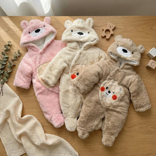 Baby Winter Fluffy Bear Romper with Hood - Warm Footed Jumpsuit