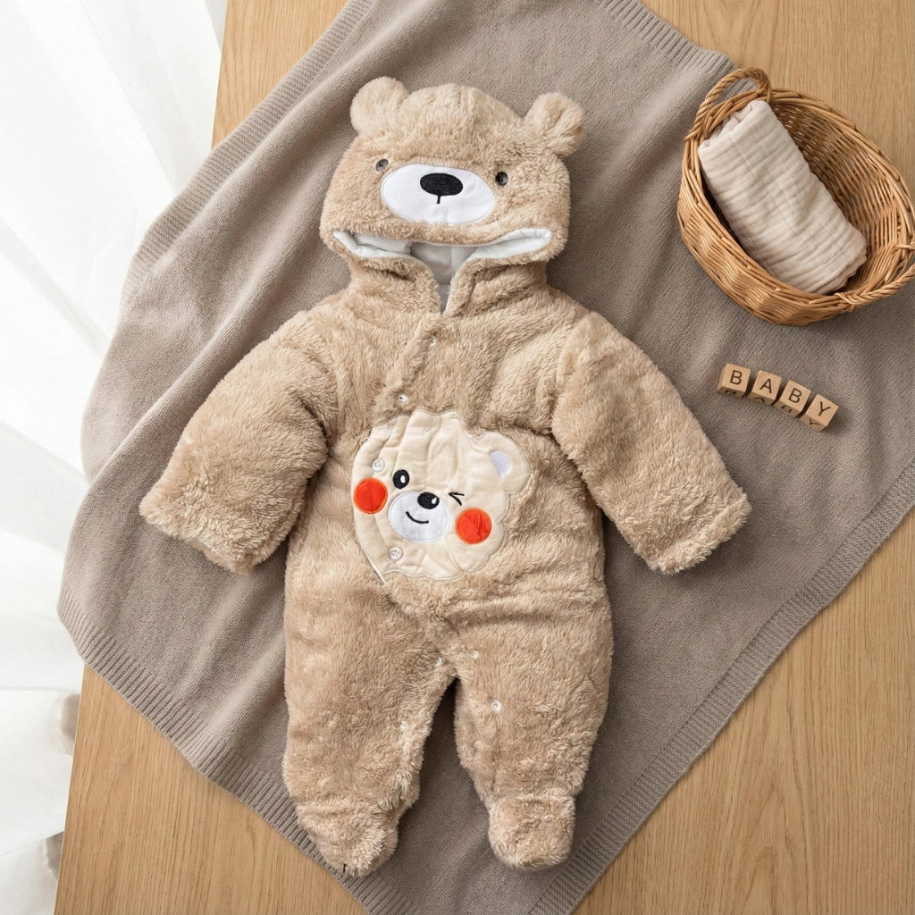 Beige baby snowsuit with bear design on a white background