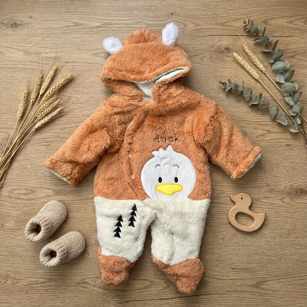 Children's brown fleece outfit with duck design on a wooden surface