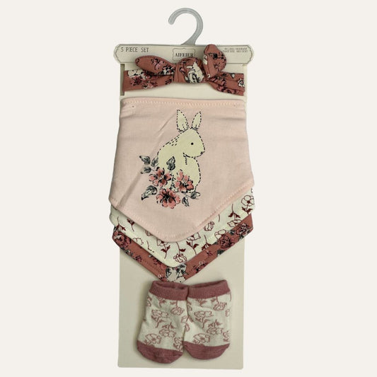 Pink Bunny Bliss: 3 Baby Bandana Bibs and Pairs of Booties Set