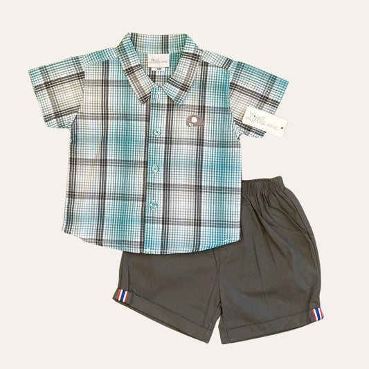 Little Me Baby Boy 2 Pcs Blue Check Shirt And Short Set (Made in Thailand)