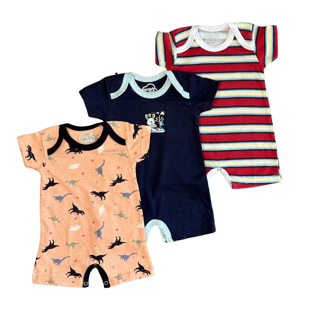 Carters Baby Colorful Stripes & Dinosaur 3 Romper Set - Perfect for Summer