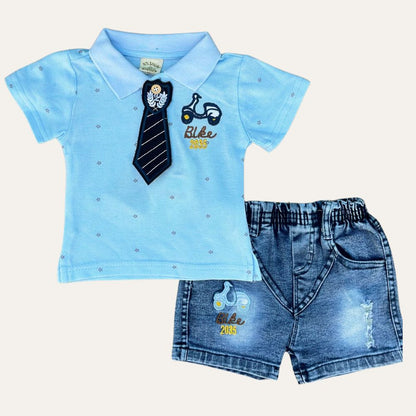 Baby Boy Two Pcs Summer Shirt and Short Set with Detachable Tie