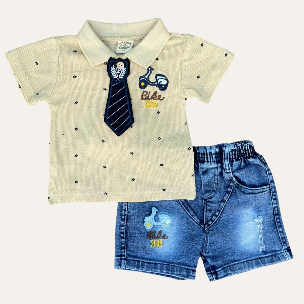 Baby Boy Two Pcs Summer Shirt and Short Set with Detachable Tie