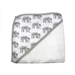 The "Elephantastic Bath Time" set by Alaya Junior features six baby hooded towels in gift packaging. Each towel is white with a grey border and has an inner layer adorned with a repeating pattern of grey elephants. Ideal for newborns, the partially folded towels showcase both the plain white outer side and the elephant-patterned inner side, making them an essential piece of infant clothing in Pakistan.