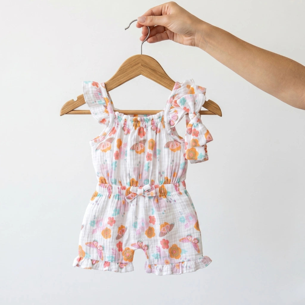 Baby Girl 2-Piece Muslin Jumpsuit with Matching Headband --SS03