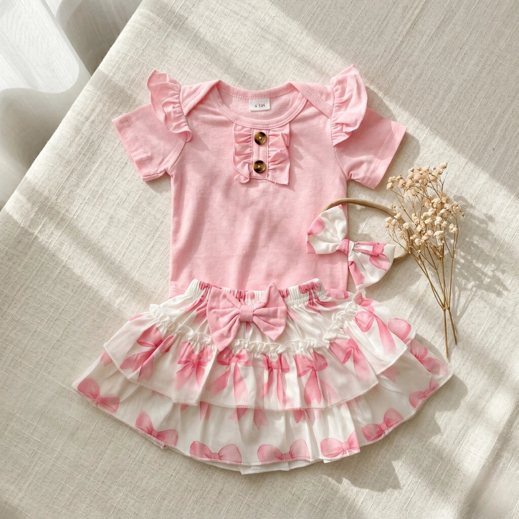 Baby Girl 3-Piece Flutter Bodysuit & Ruffle Skirt Set — 5 Prints