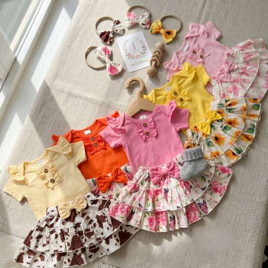 Baby Girl 3-Piece Flutter Bodysuit & Ruffle Skirt Set — 5 Prints