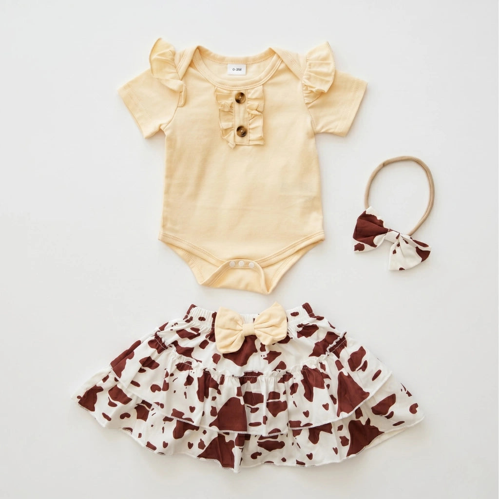 Baby Girl 3-Piece Flutter Bodysuit & Ruffle Skirt Set — 5 Prints