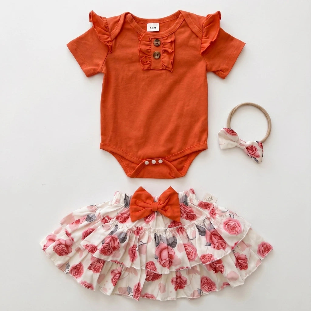 Baby Girl 3-Piece Flutter Bodysuit & Ruffle Skirt Set — 5 Prints