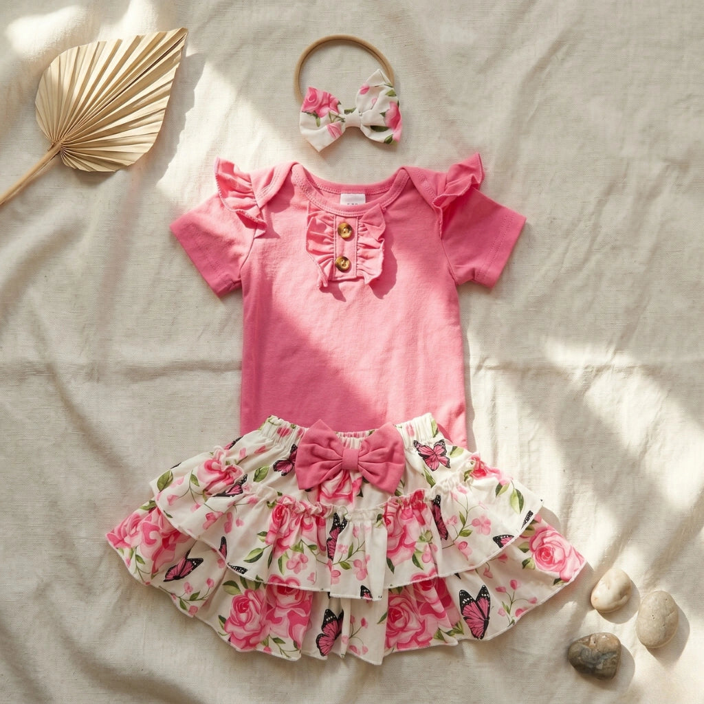 Baby Girl 3-Piece Flutter Bodysuit & Ruffle Skirt Set — 5 Prints