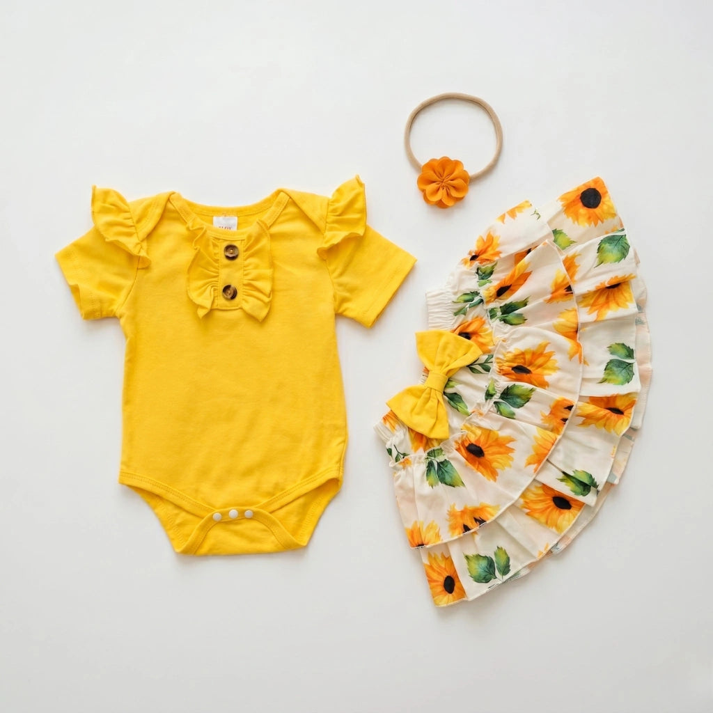 Baby Girl 3-Piece Flutter Bodysuit & Ruffle Skirt Set — 5 Prints
