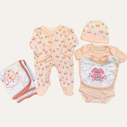 The Baby Girl 5 Pcs Newborn Set - Alaya Junior, made in Thailand by the reputable brand Alaya Junior, includes a onesie with buttons and adorable small animal prints, a matching hat, a bib featuring a pink elephant with the word "Love," a short-sleeved bodysuit, and a blanket adorned with an embroidered sheep and star design. This delightful set comes in soft pastel shades, making it perfect for newborn babies.