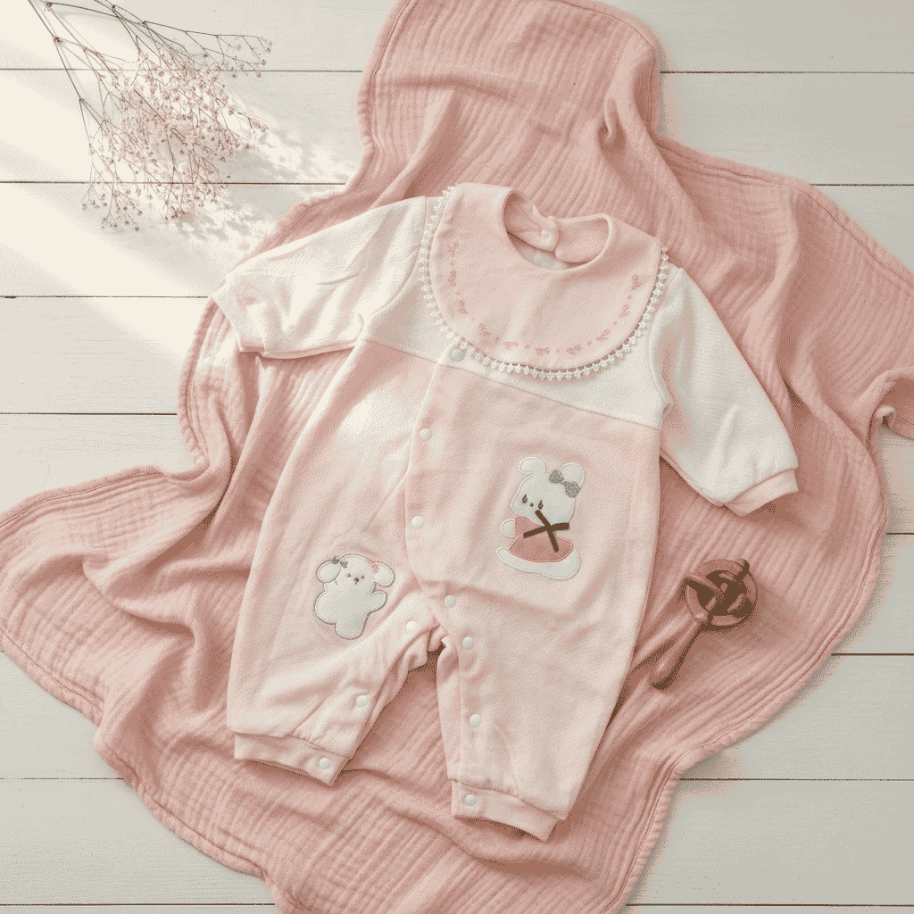 Baby Girl Winter Warm quilted Romper with Bear Embroidery