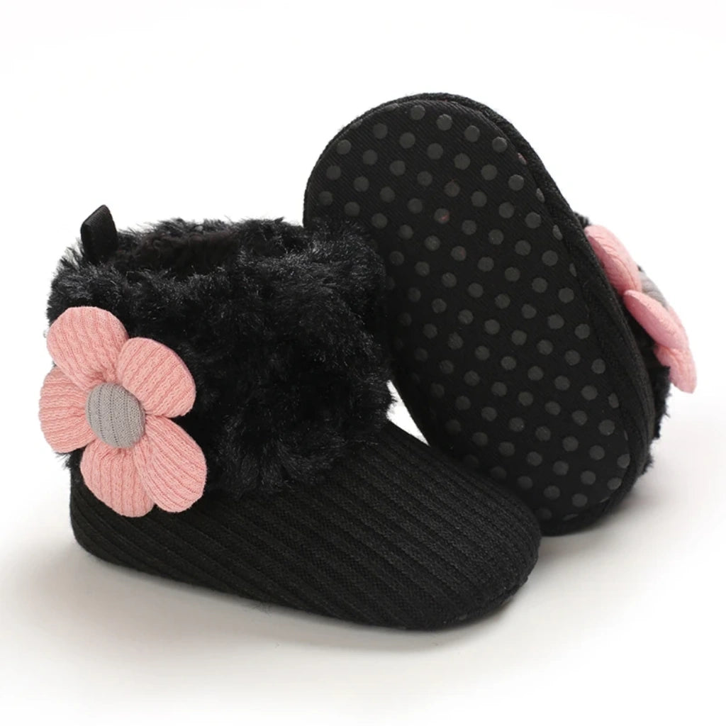 Baby Girl Flower Booties |  Non-Slip Soft Sole Shoes | Black
