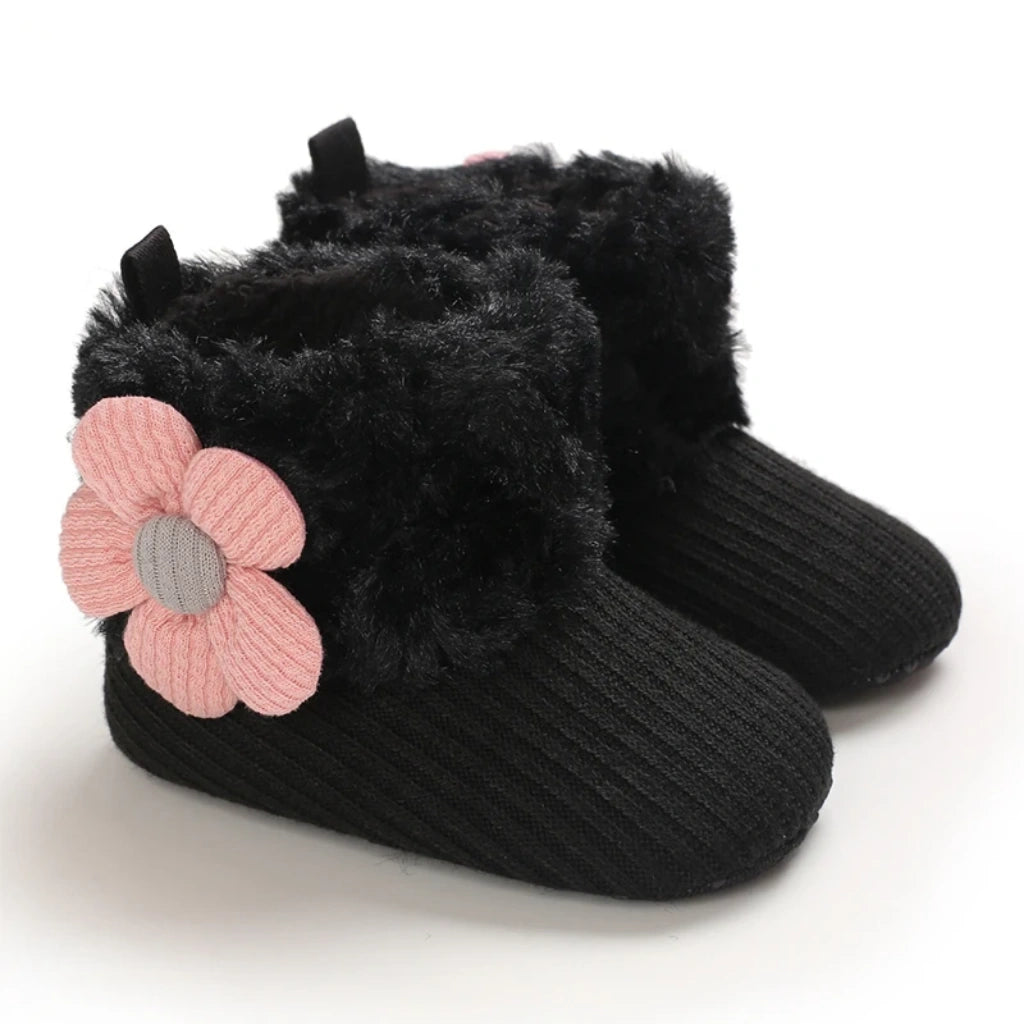 Baby Girl Flower Booties |  Non-Slip Soft Sole Shoes | Black