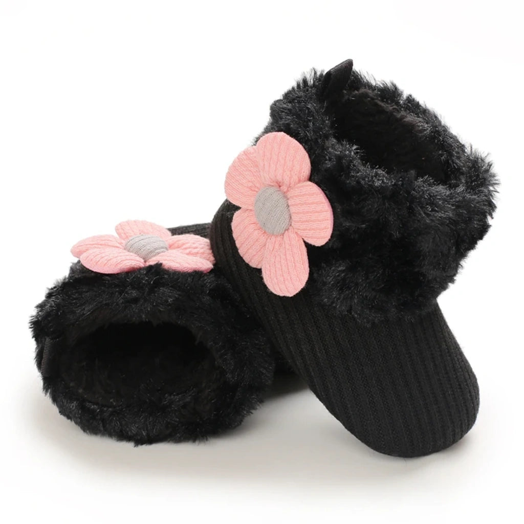Baby Girl Flower Booties |  Non-Slip Soft Sole Shoes | Black